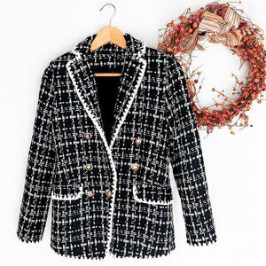 Laundry by Shelli Segal Womens Double Breasted Tweed Blazer XTRA-SMALL Black